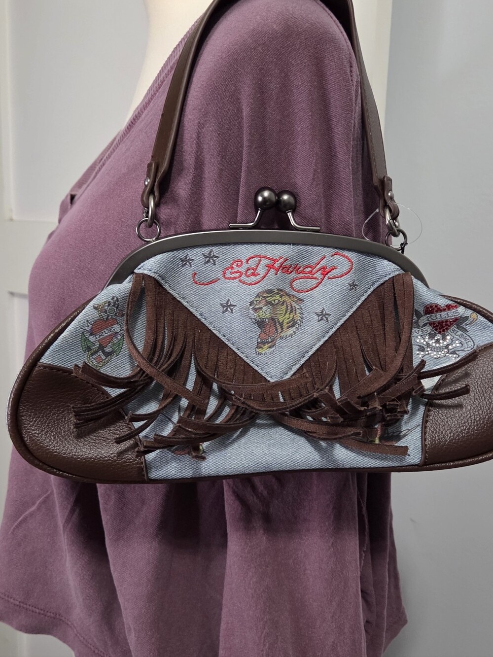 Ed Hardy - Brown and Denim Fringe Handbag